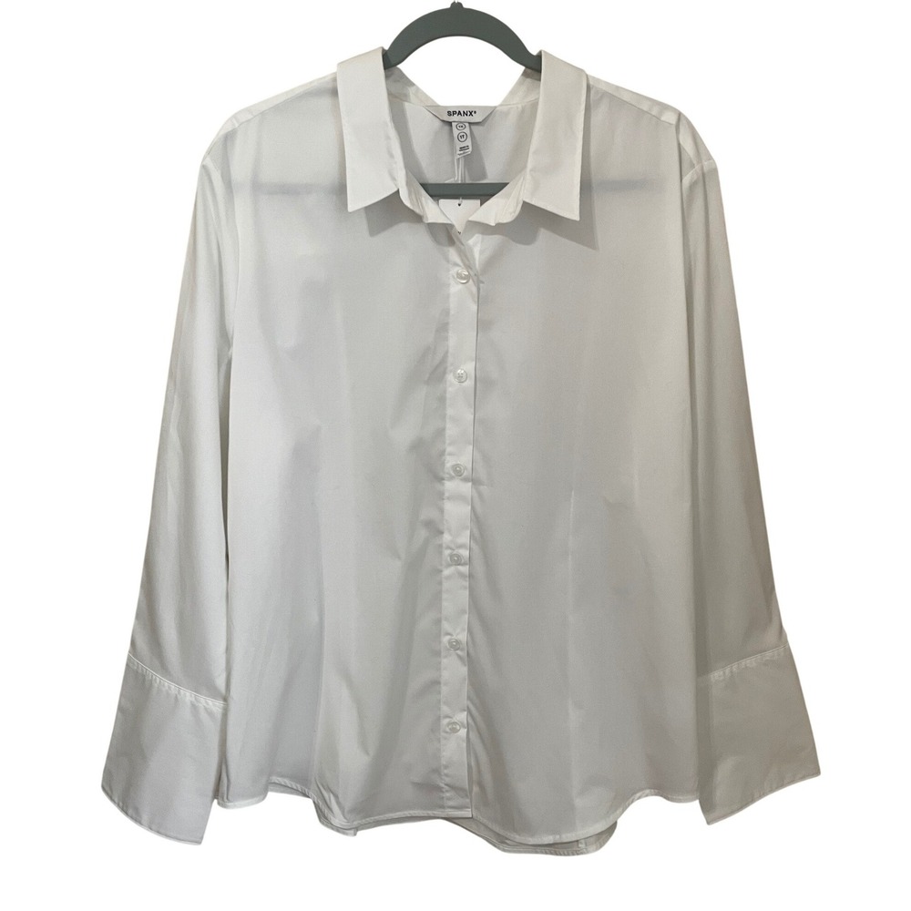 Spanx Poplin Button Down Shirt White Stretch Poplin 1X 21078R New